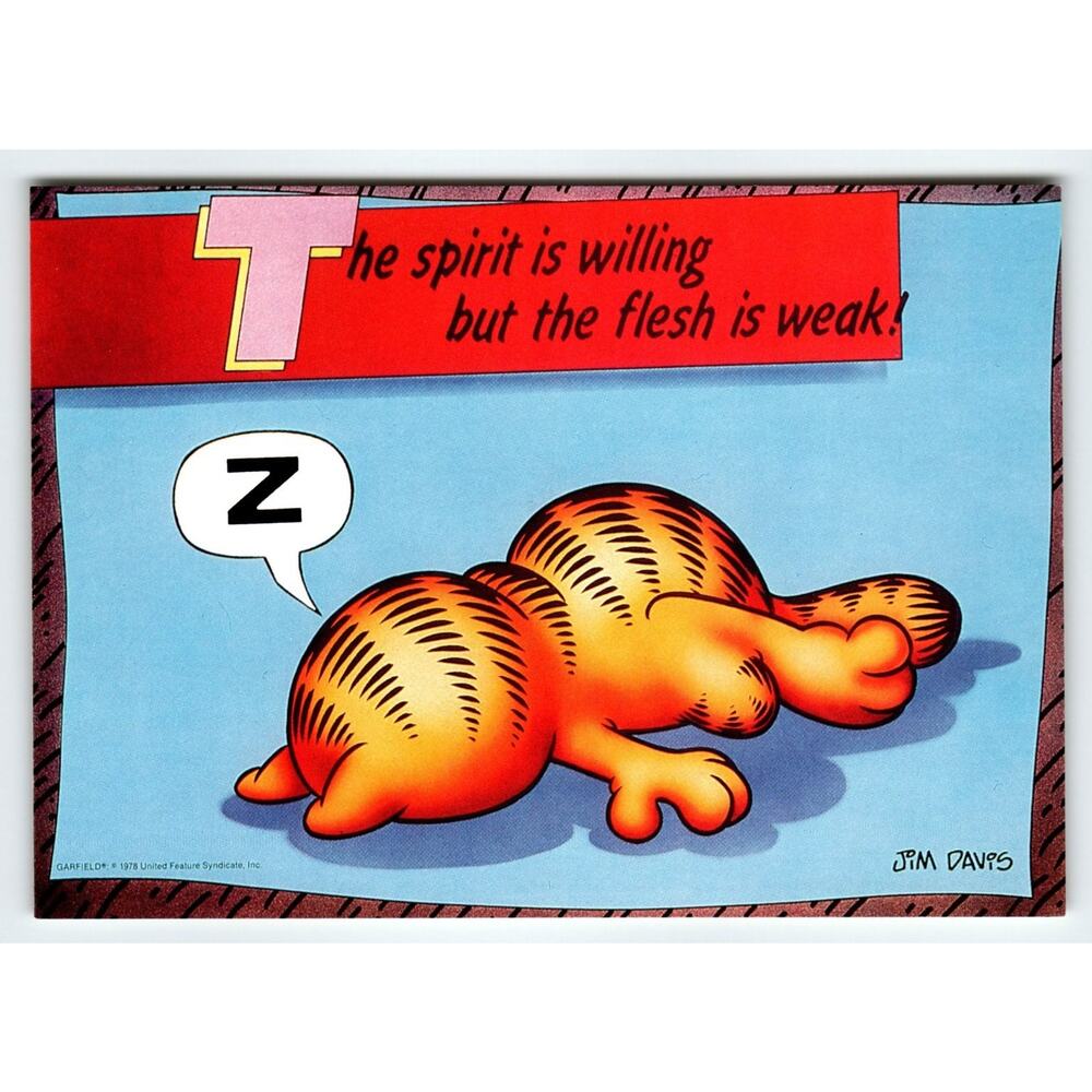 Garfield Comic Postcard 1978 Jim Davis 'The spirit is willing' Vintage